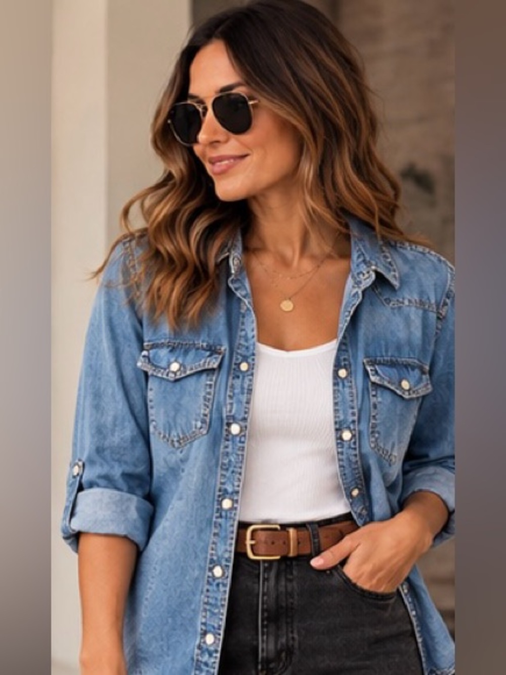 YMI Jeans Chambray Denim Pearl Snap Button Down Shirt 100% Cotton M - Picture 1 of 9